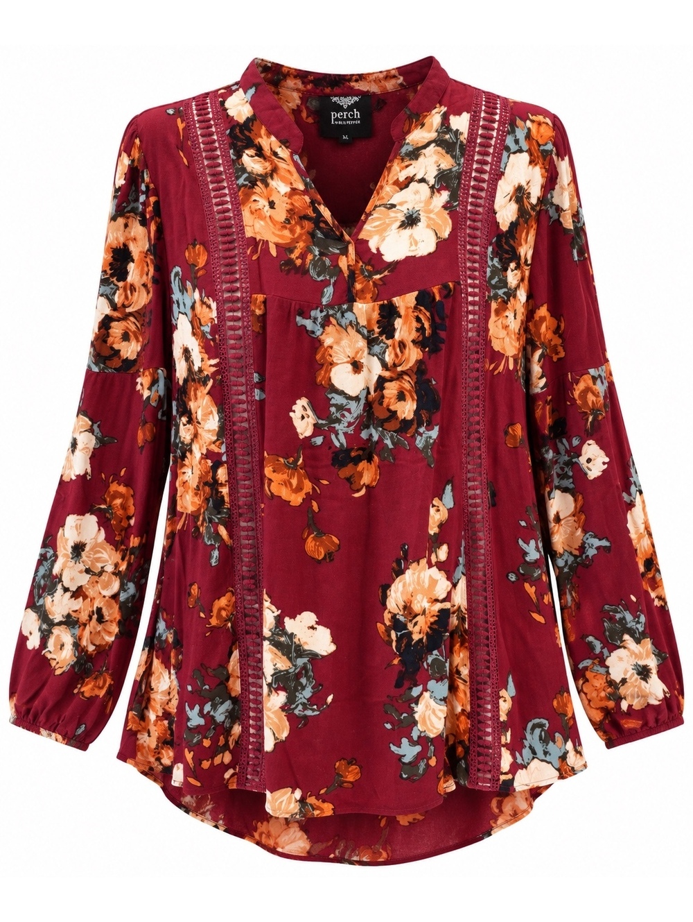 Perch by Blu Pepper XL Burgundy Floral Boho Tunic Blouse Lace Rayon Long Sleeve